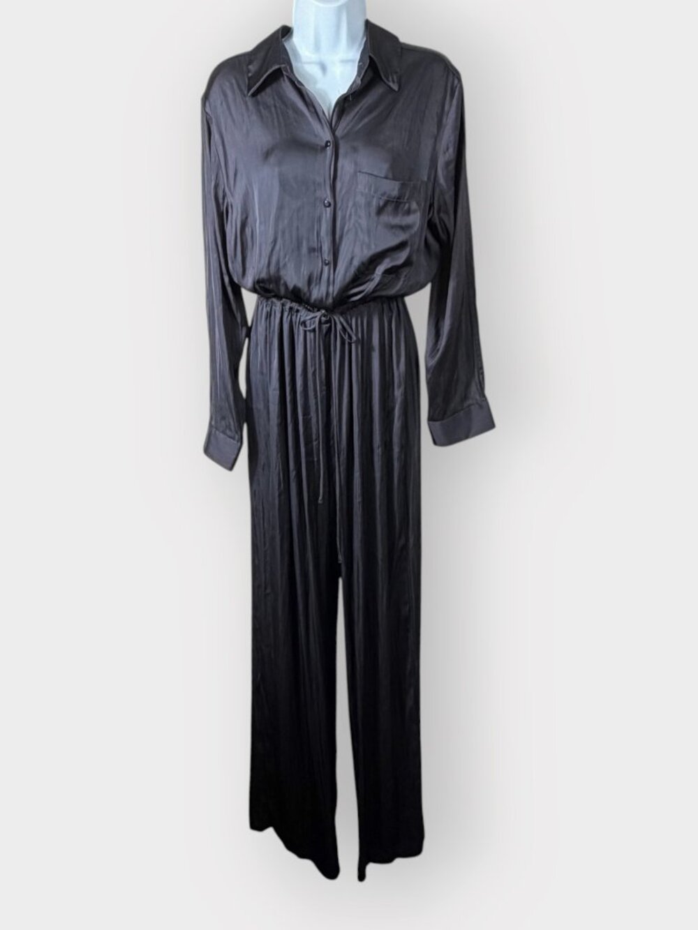 MNG Blouson Jumpsuit | L | Charcoal Gray Satin | Career Timeless Minimalist